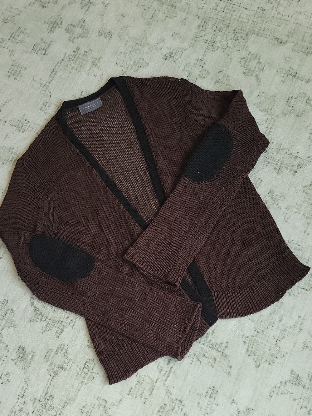 Wooden Ships Brown Cardigan with Black Trim and Elbow Patches